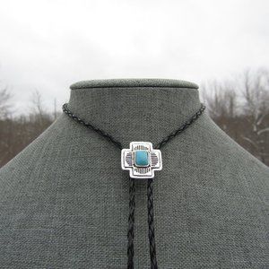 Classic Southwestern Style Bolo Tie Black Braided Leather Necklace